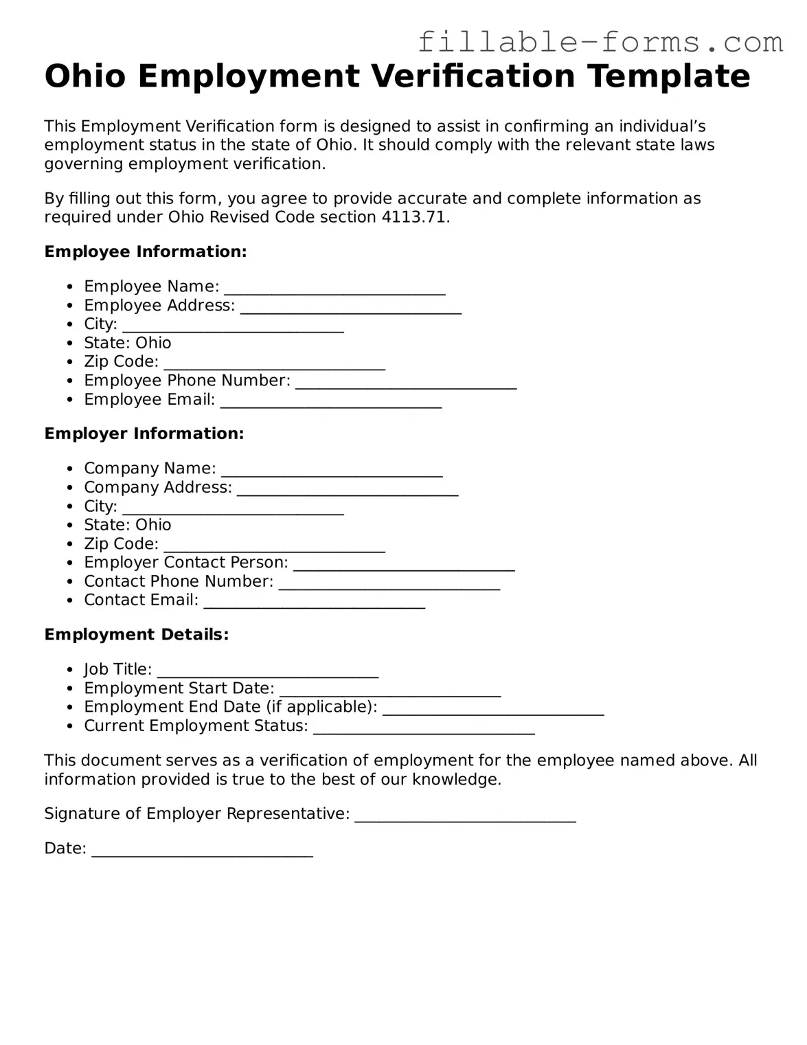 Printable  Employment Verification Form for Ohio