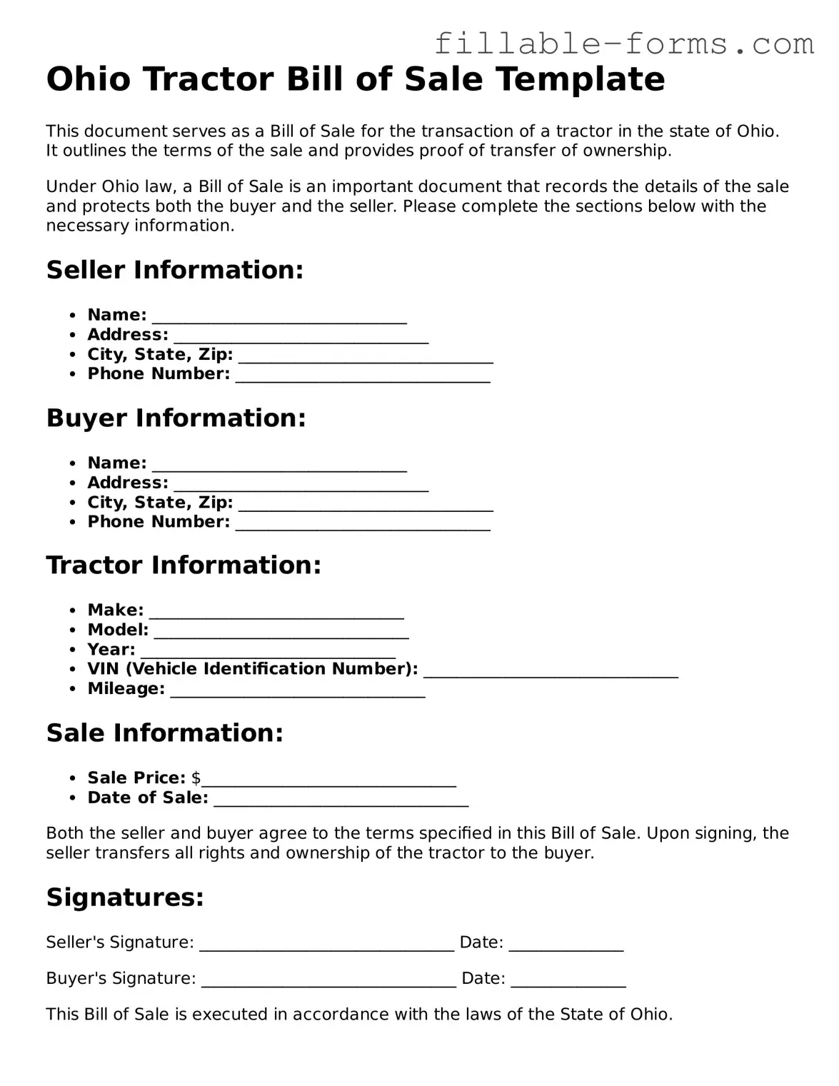 Printable  Tractor Bill of Sale Form for Ohio