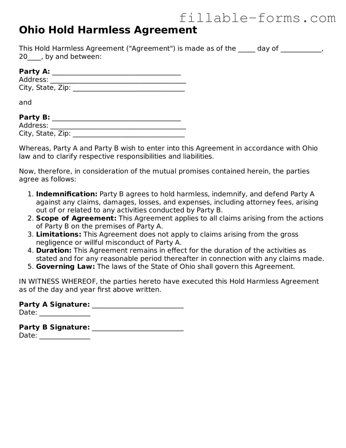 Printable  Hold Harmless Agreement Form for Ohio
