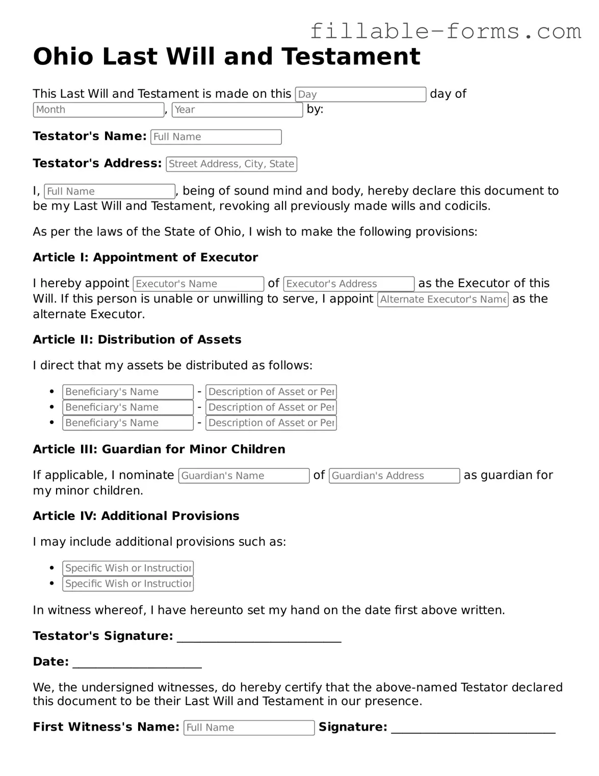 Printable  Last Will and Testament Form for Ohio