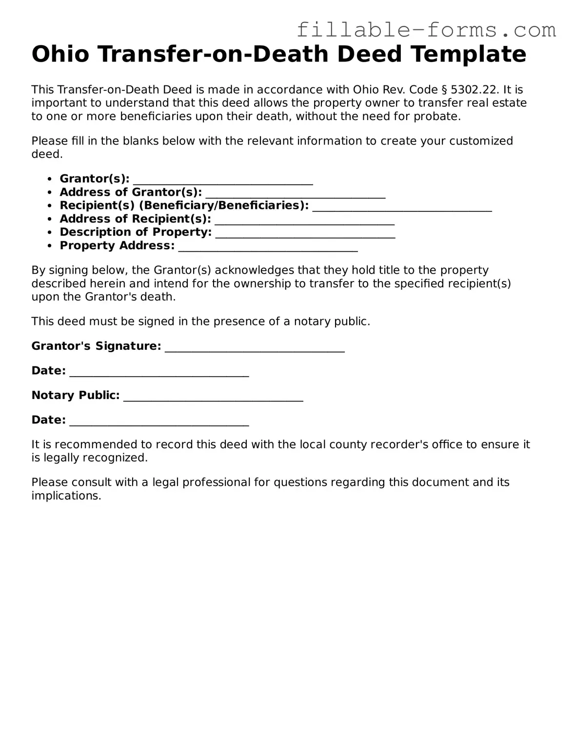 Printable  Transfer-on-Death Deed Form for Ohio