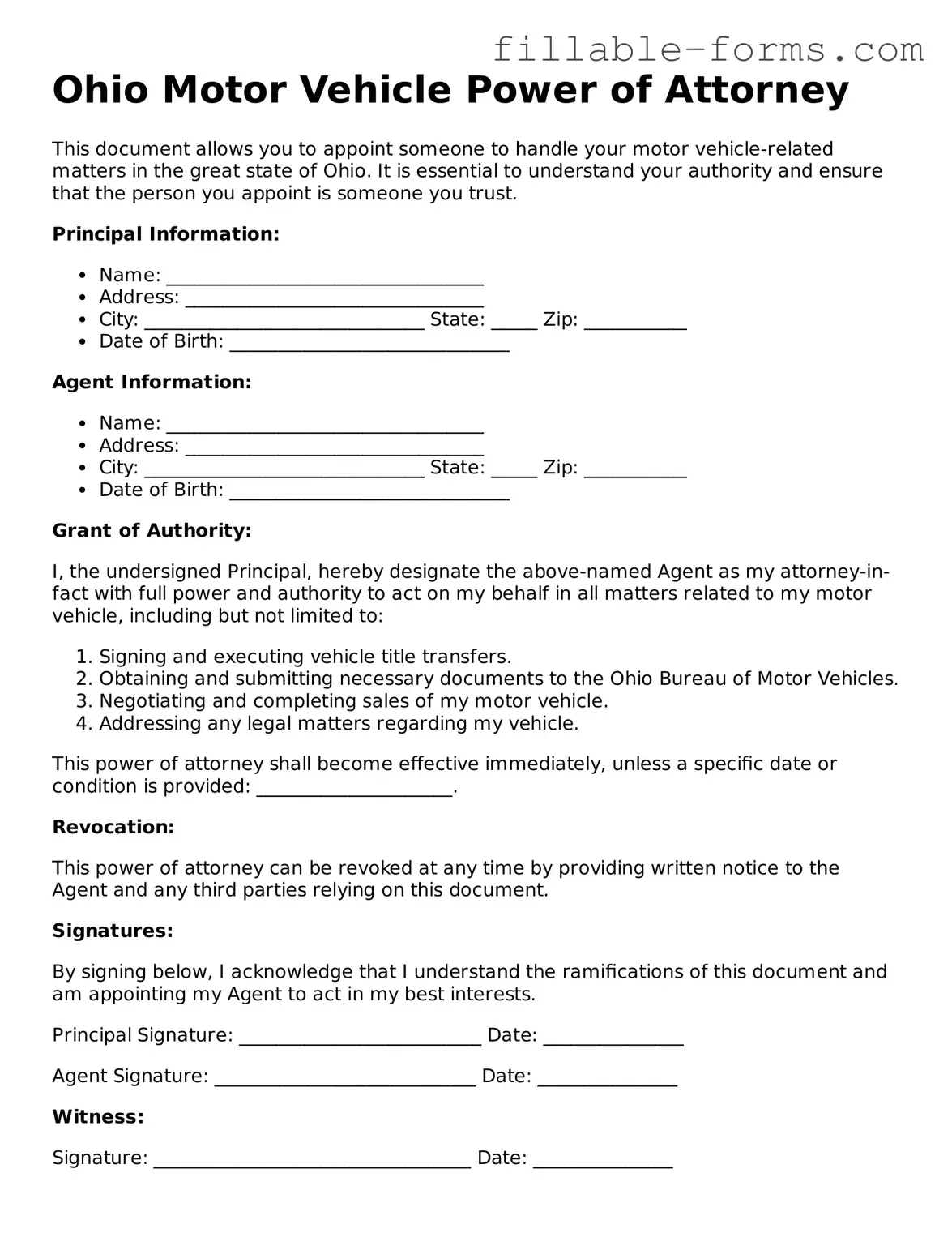 Printable  Motor Vehicle Power of Attorney Form for Ohio
