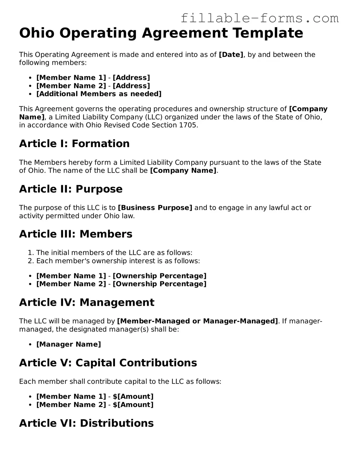 Printable  Operating Agreement Form for Ohio
