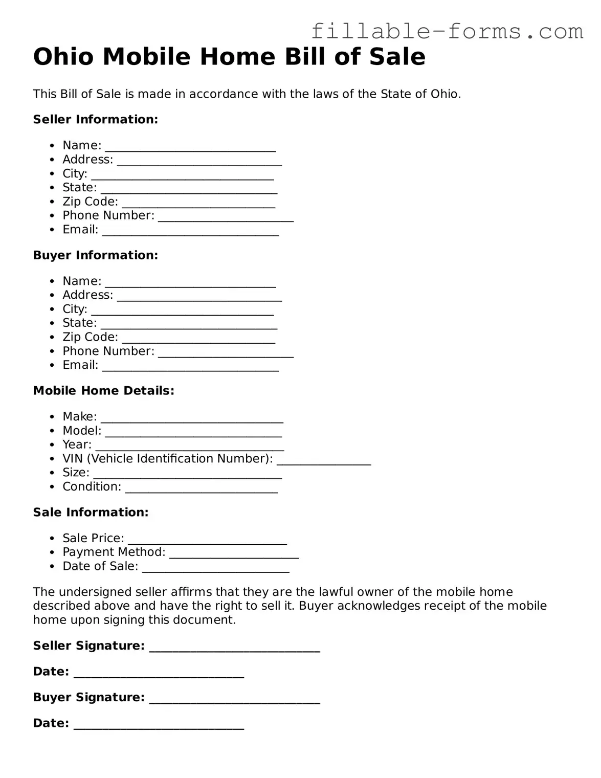 Printable  Mobile Home Bill of Sale Form for Ohio