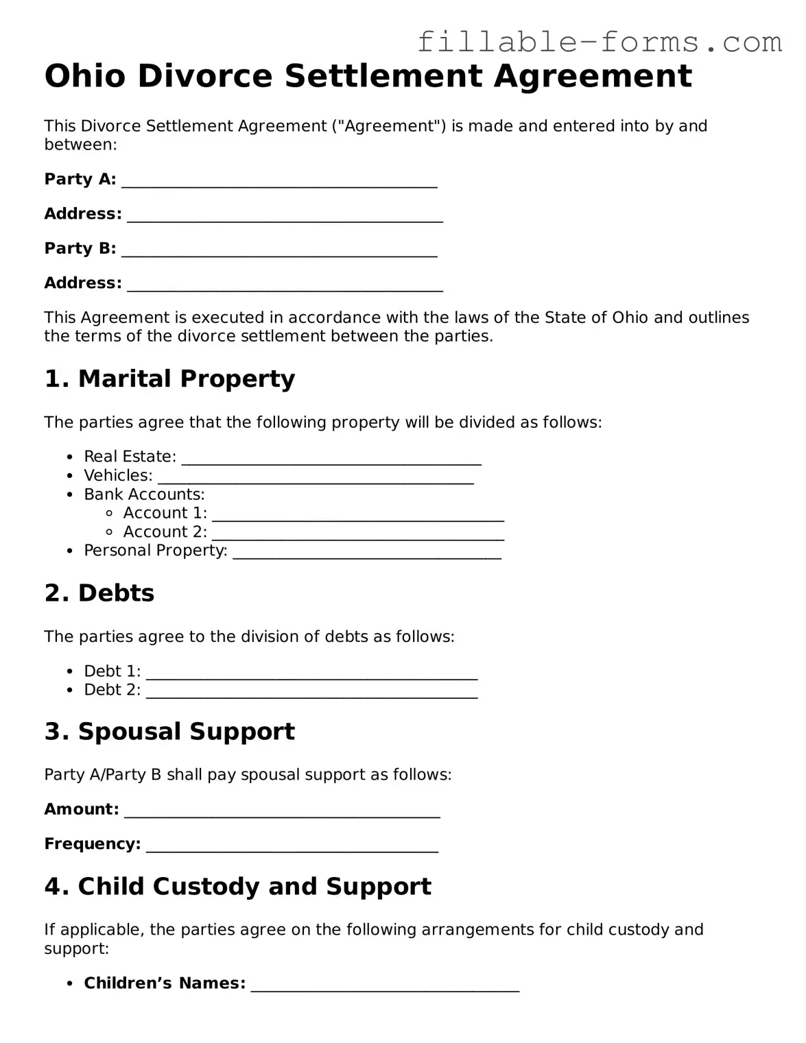 Printable  Divorce Settlement Agreement Form for Ohio
