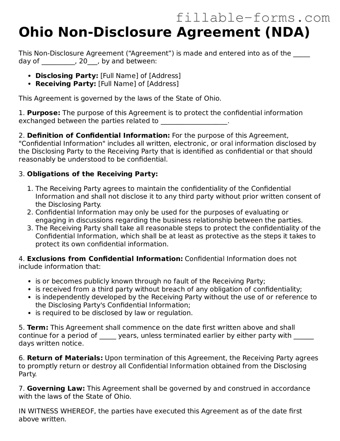 Printable  Non-disclosure Agreement Form for Ohio
