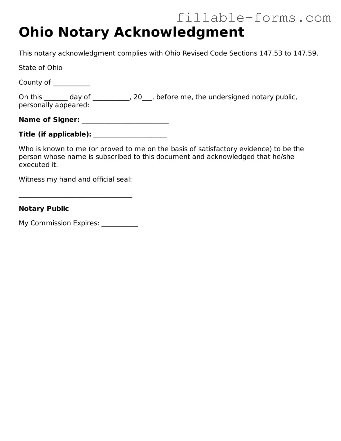 Printable  Notary Acknowledgement Form for Ohio