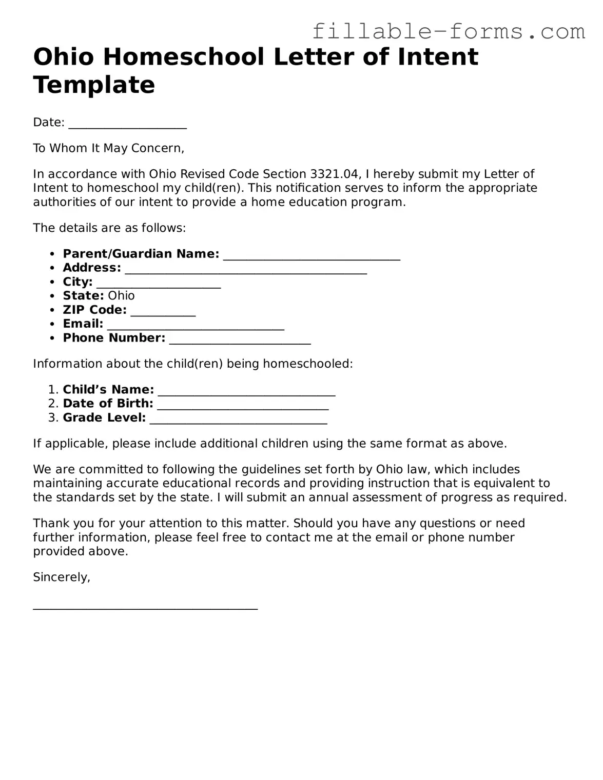 Printable  Homeschool Letter of Intent Form for Ohio