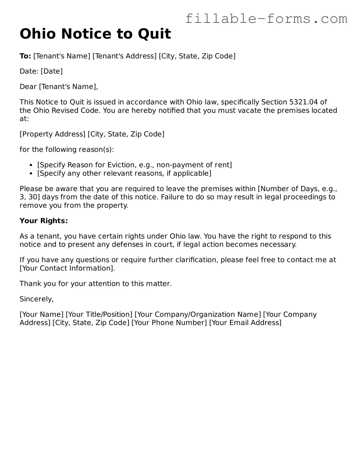 Printable  Notice to Quit Form for Ohio