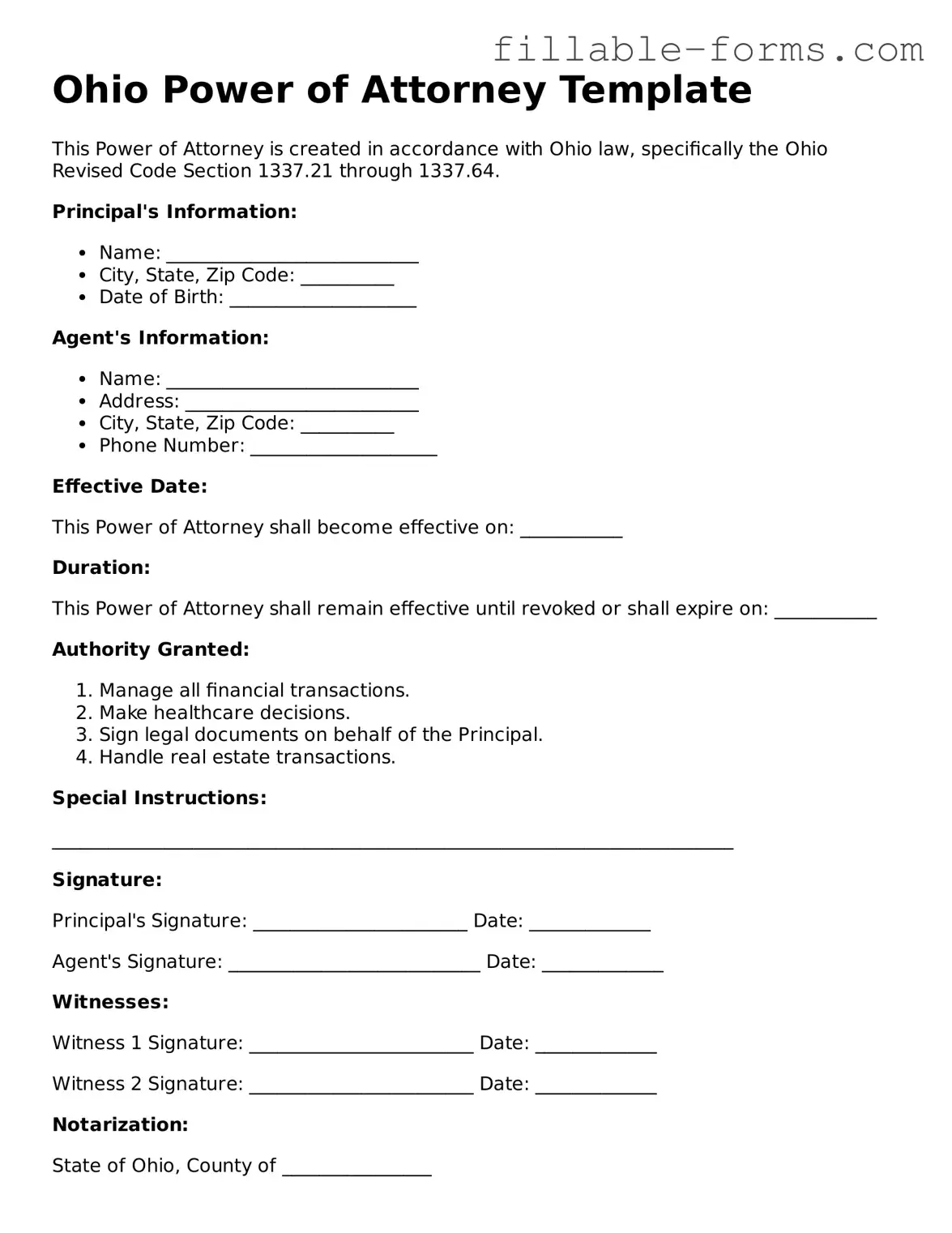 Printable  Power of Attorney Form for Ohio