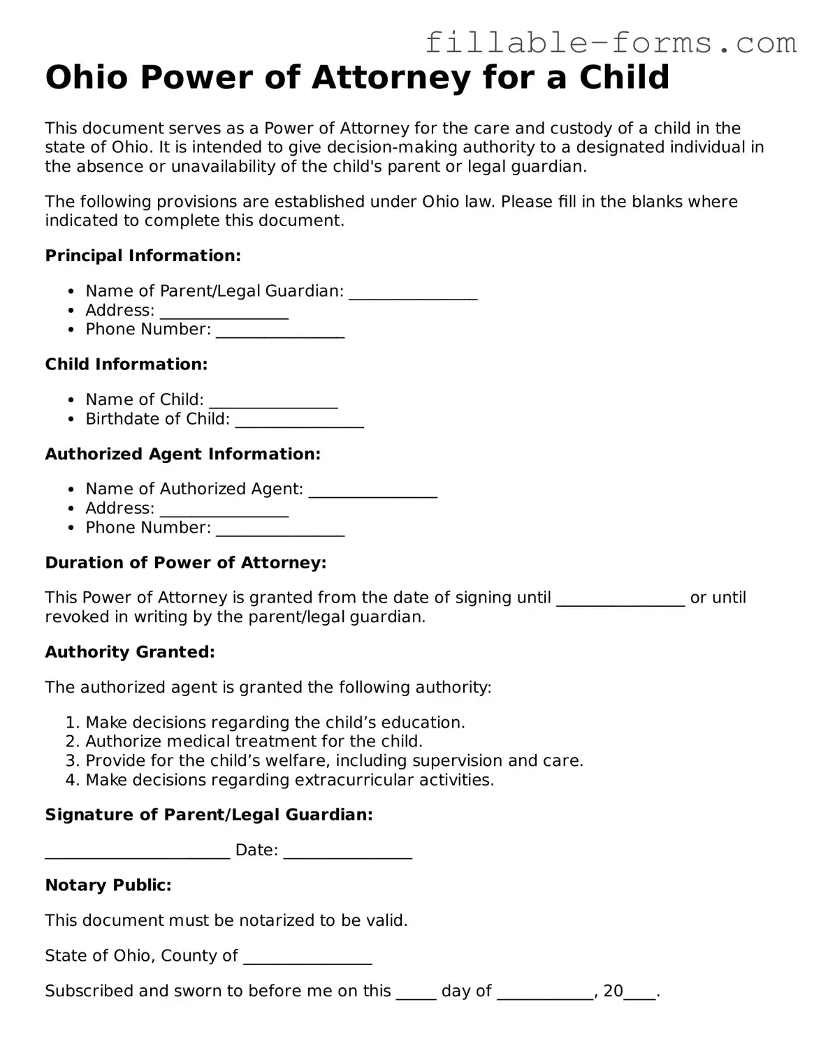 Printable  Power of Attorney for a Child Form for Ohio