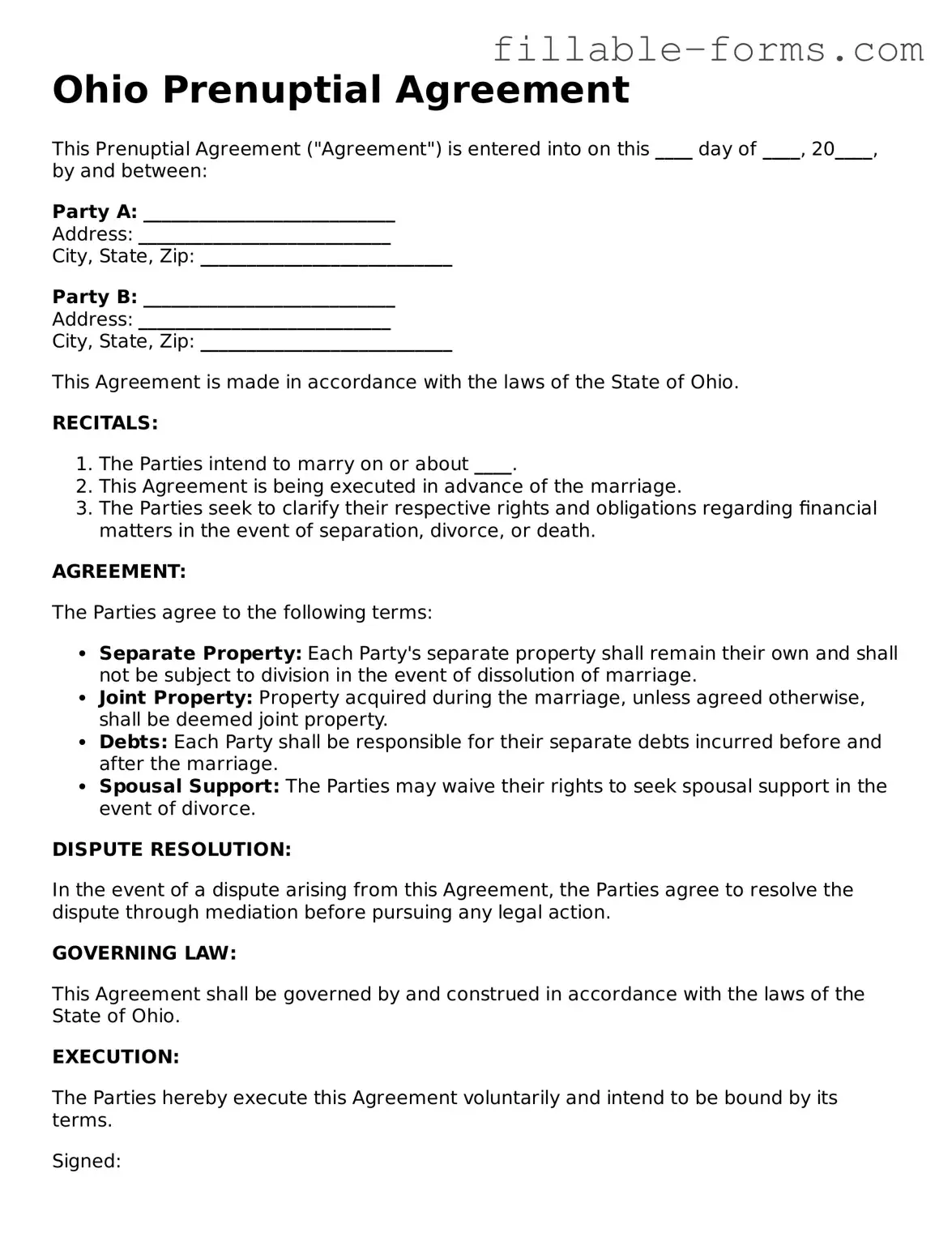 Printable  Prenuptial Agreement Form for Ohio