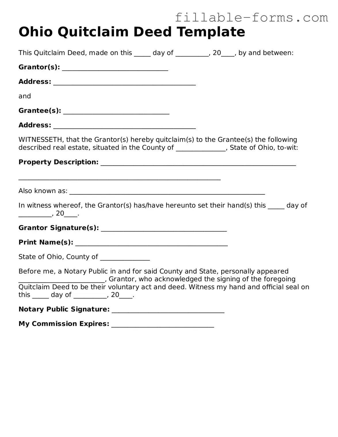 Printable  Quitclaim Deed Form for Ohio