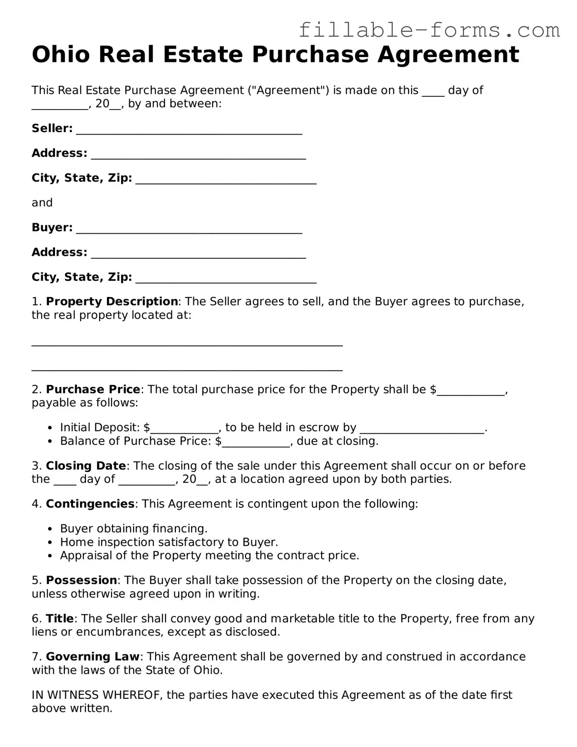 Printable  Real Estate Purchase Agreement Form for Ohio