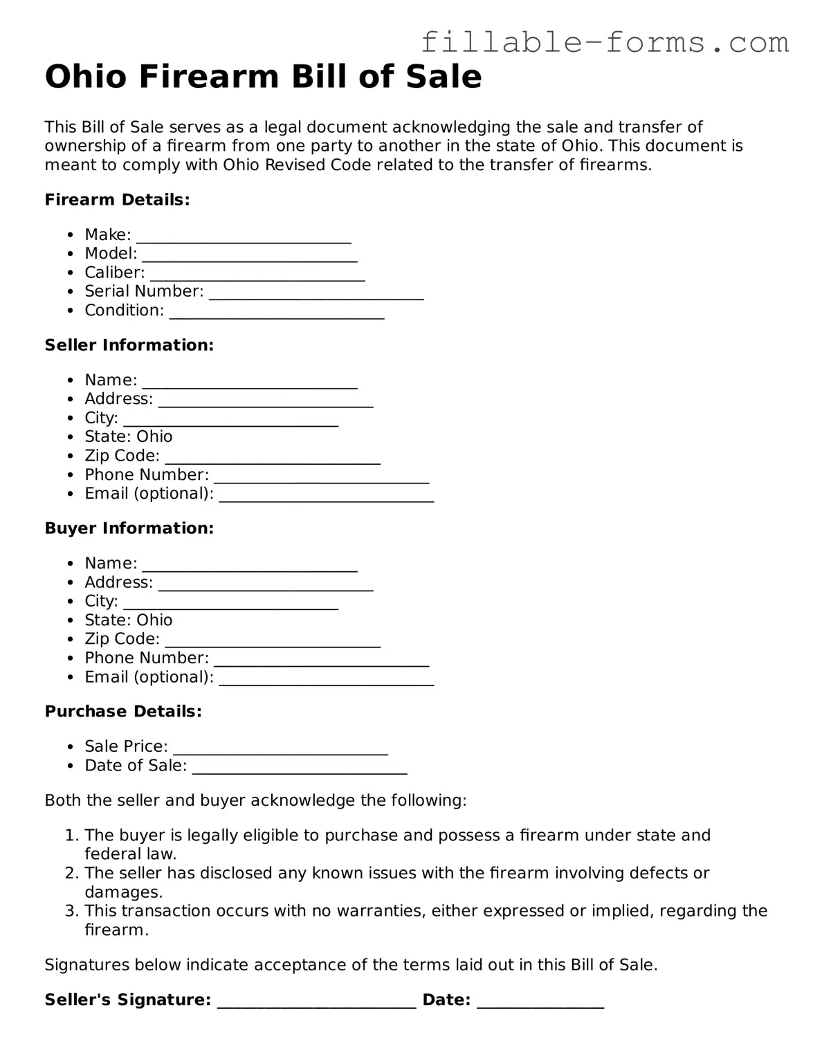 Printable  Firearm Bill of Sale Form for Ohio