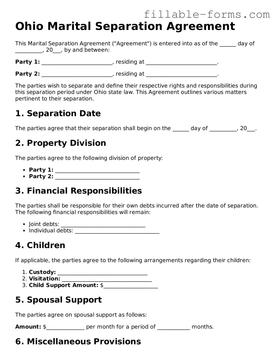 Printable  Marital Separation Agreement Form for Ohio