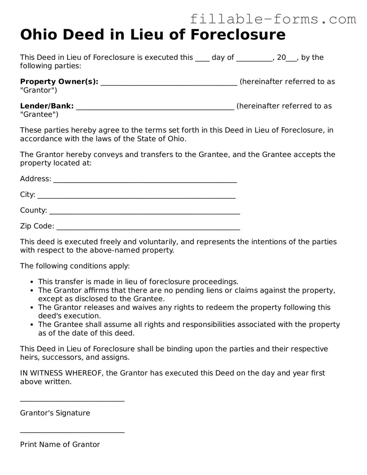 Printable  Deed in Lieu of Foreclosure Form for Ohio
