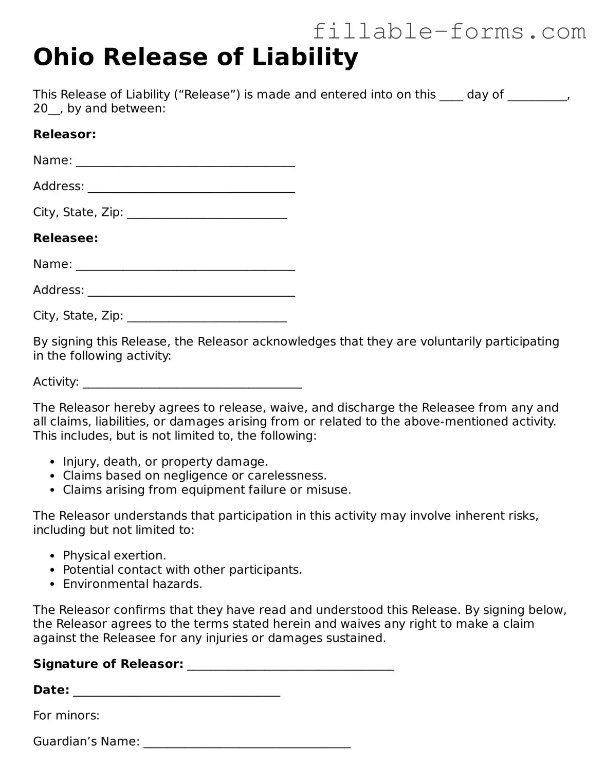 Printable  Release of Liability Form for Ohio