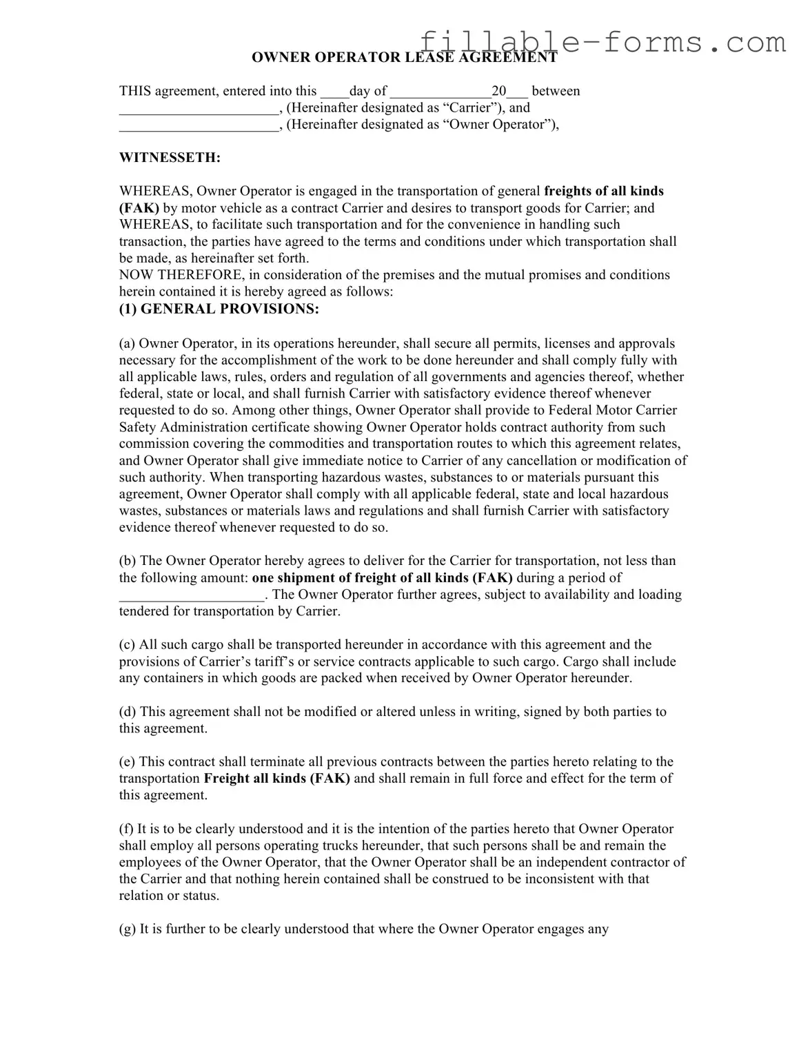Fill Out a Valid Owner Operator Lease Agreement Template