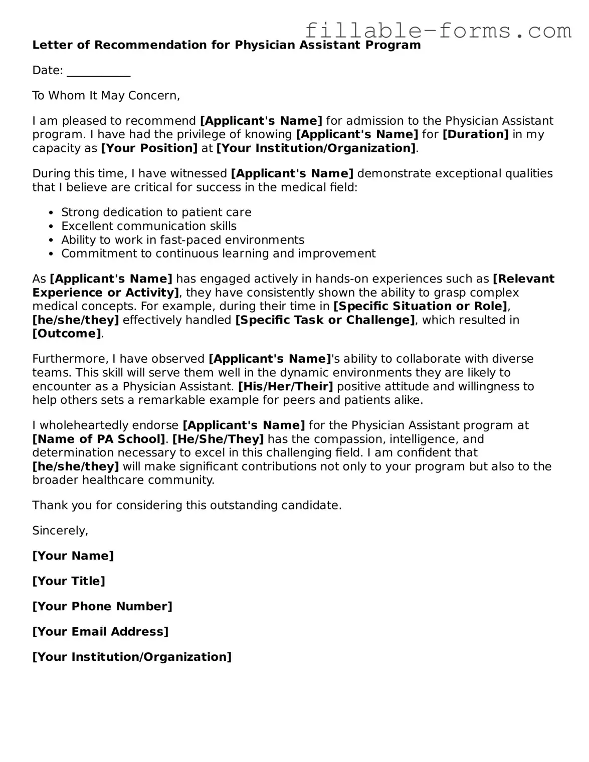 Printable PA School Letter of Recommendation Form
