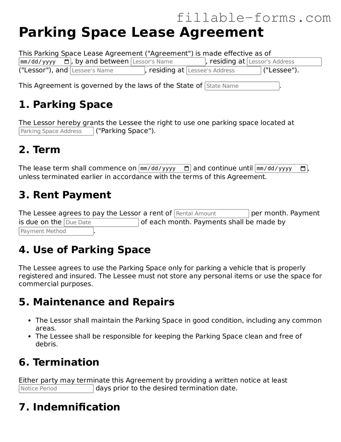 Printable Parking Space Lease Agreement Form