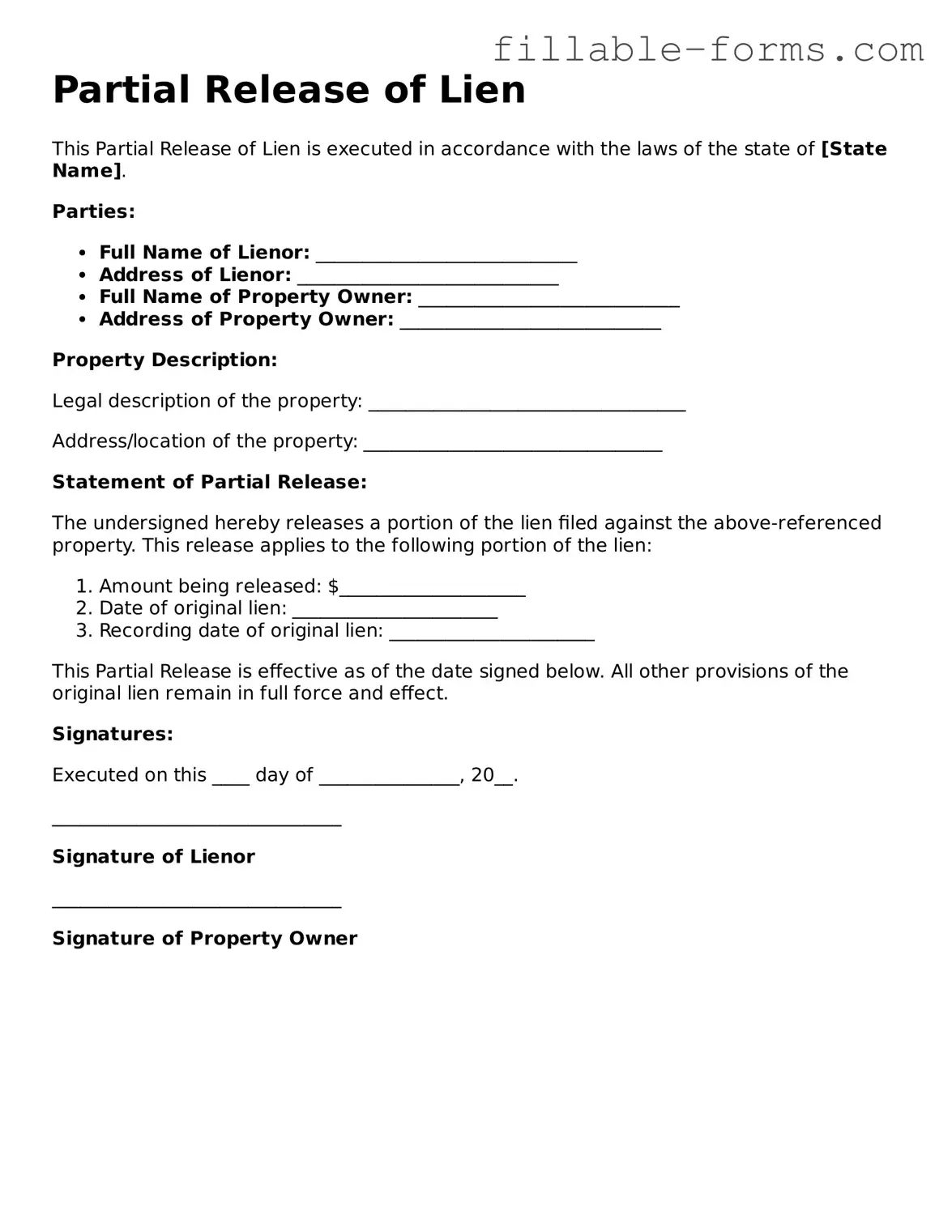 Printable Partial Release of Lien Form