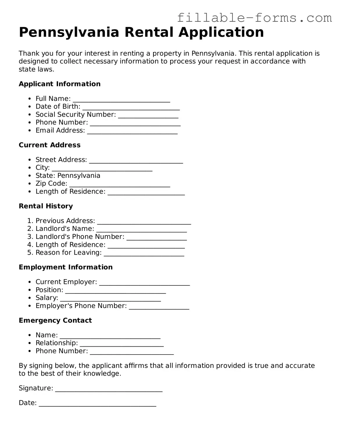 Printable  Rental Application Form for Pennsylvania