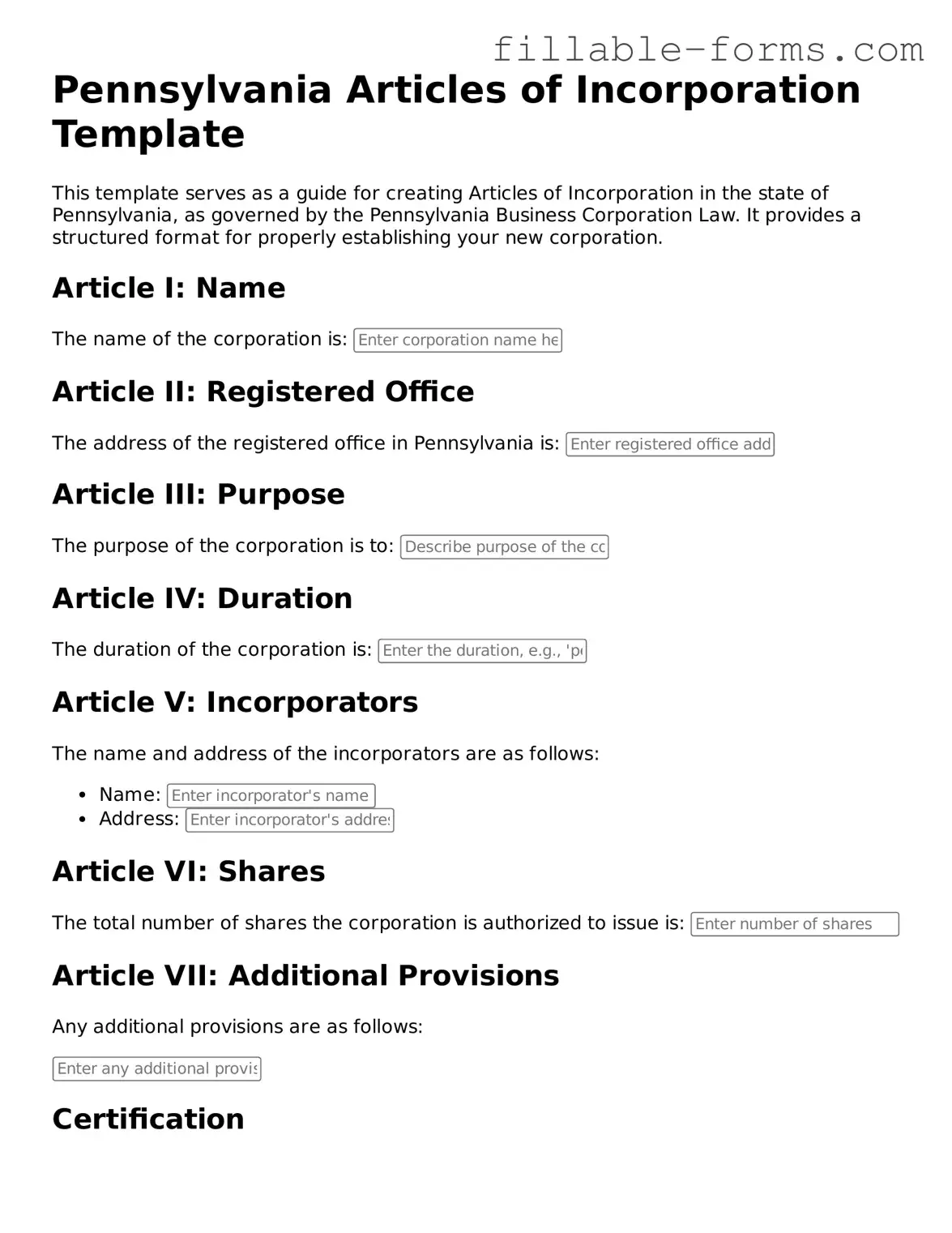 Printable  Articles of Incorporation Form for Pennsylvania