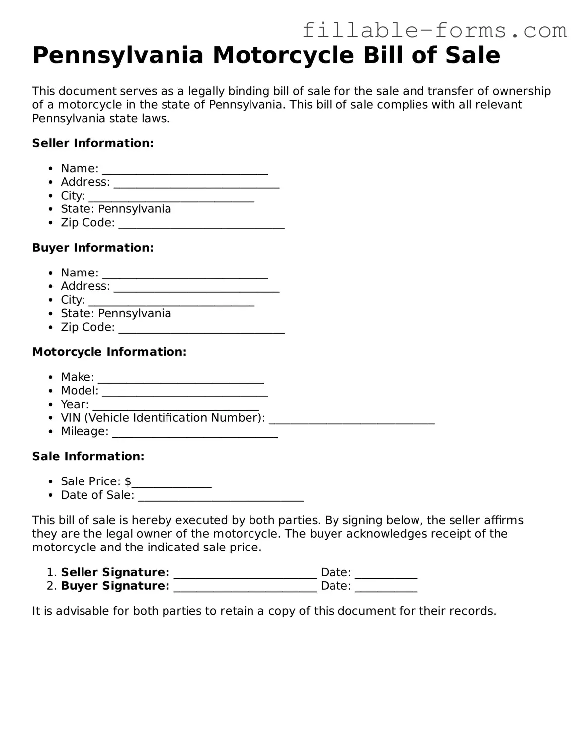 Printable  Motorcycle Bill of Sale Form for Pennsylvania