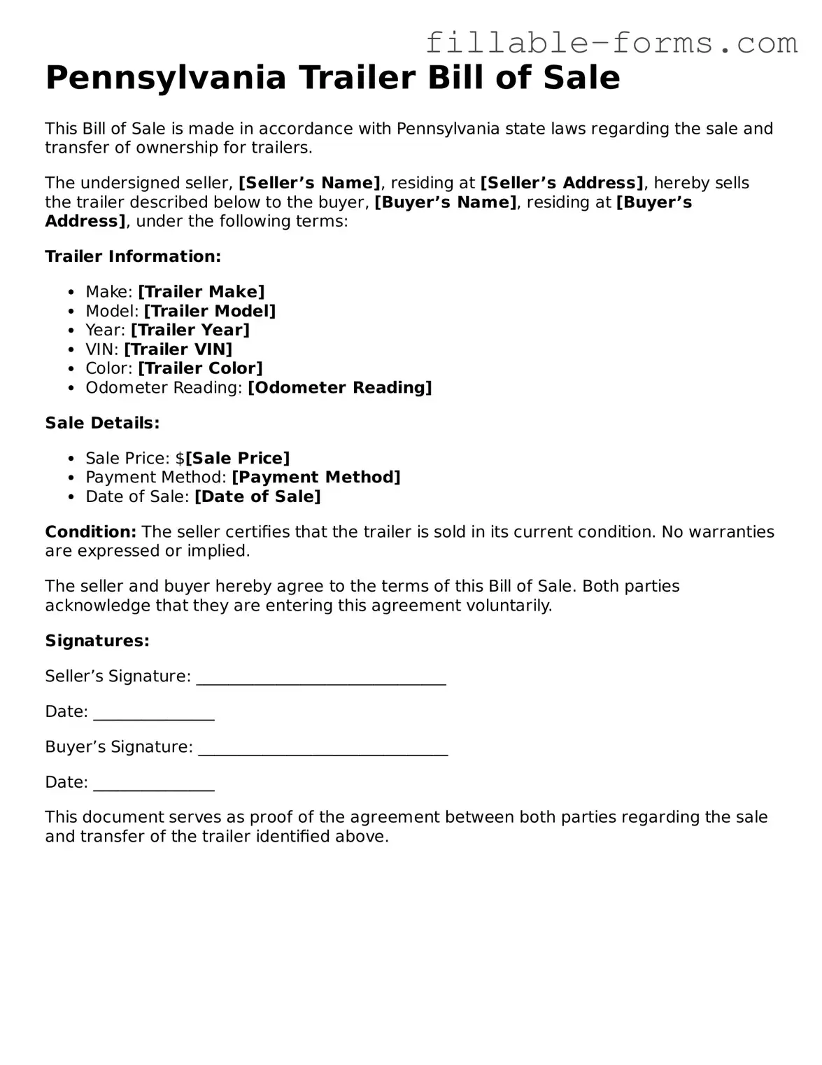 Printable  Trailer Bill of Sale Form for Pennsylvania