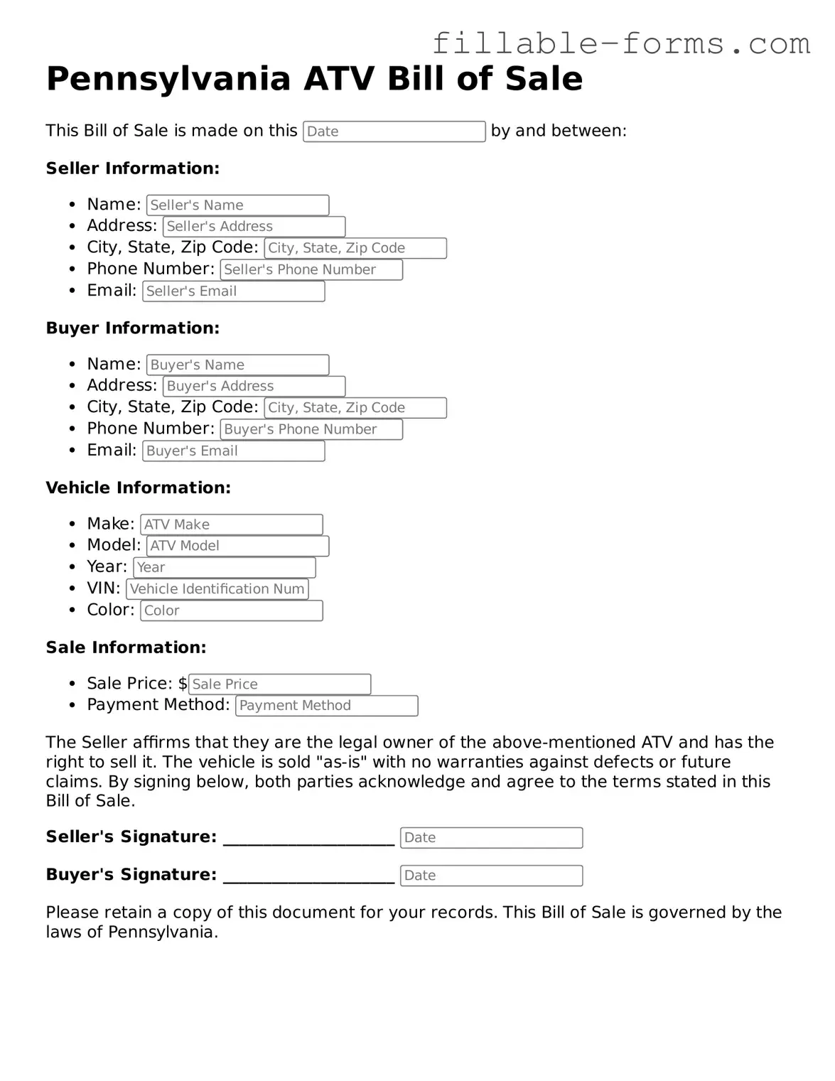 Printable  ATV Bill of Sale Form for Pennsylvania