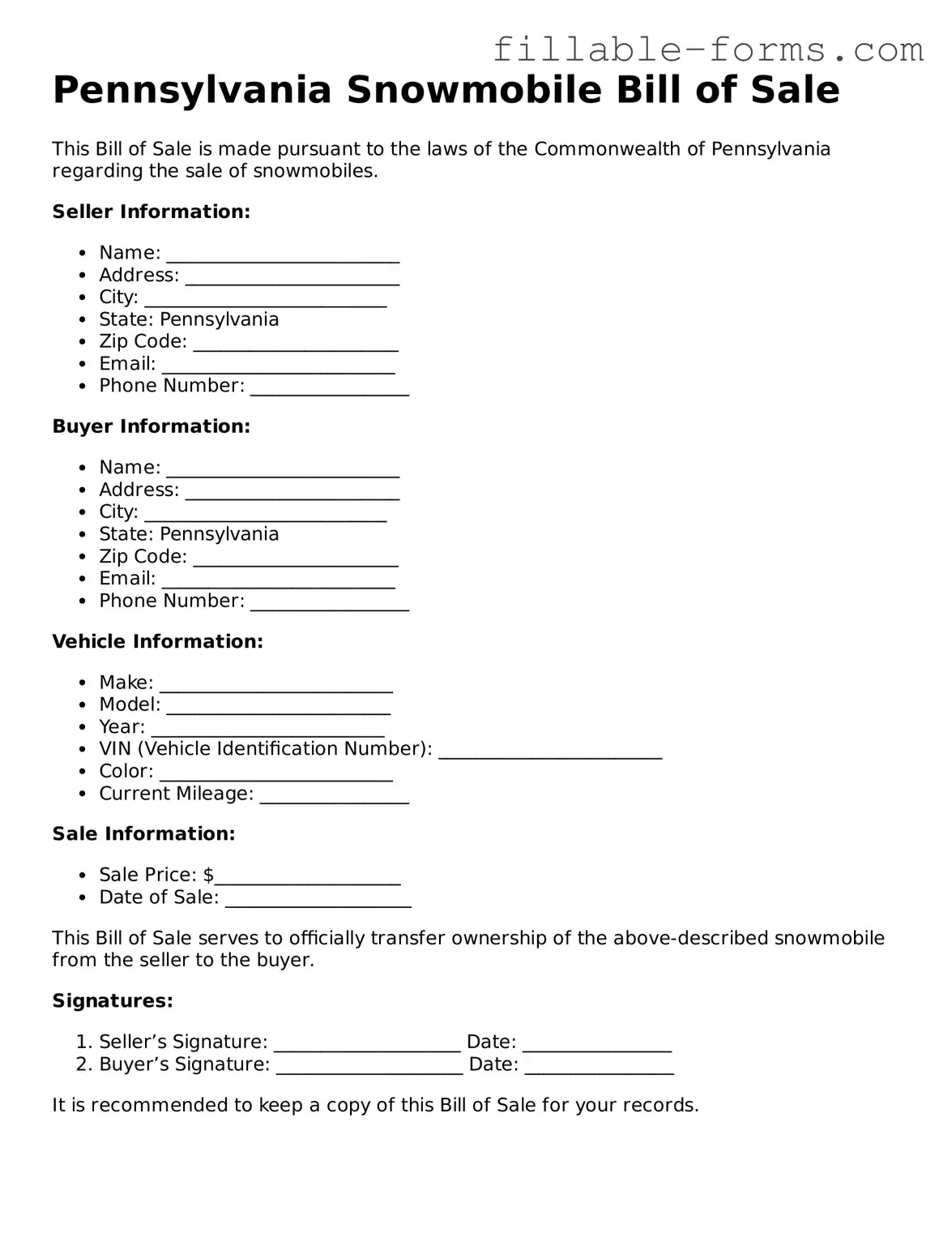 Printable  Snowmobile Bill of Sale Form for Pennsylvania