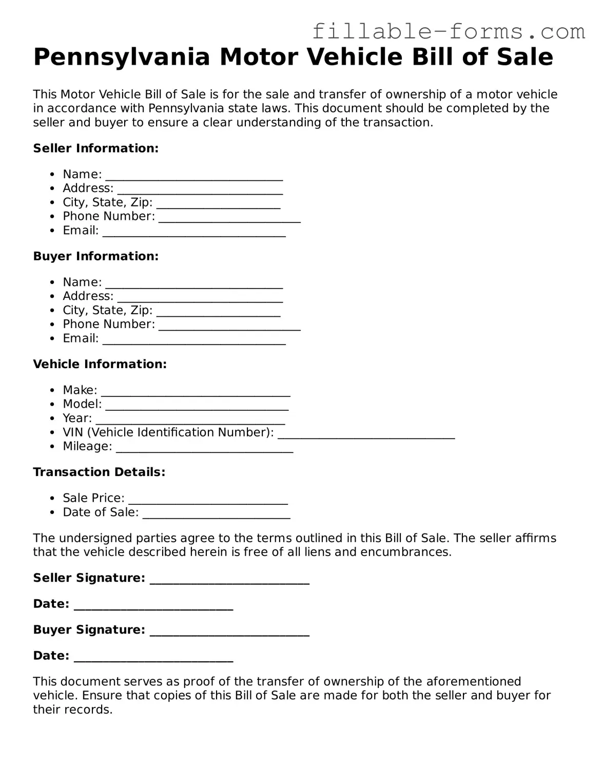 Printable  Motor Vehicle Bill of Sale Form for Pennsylvania