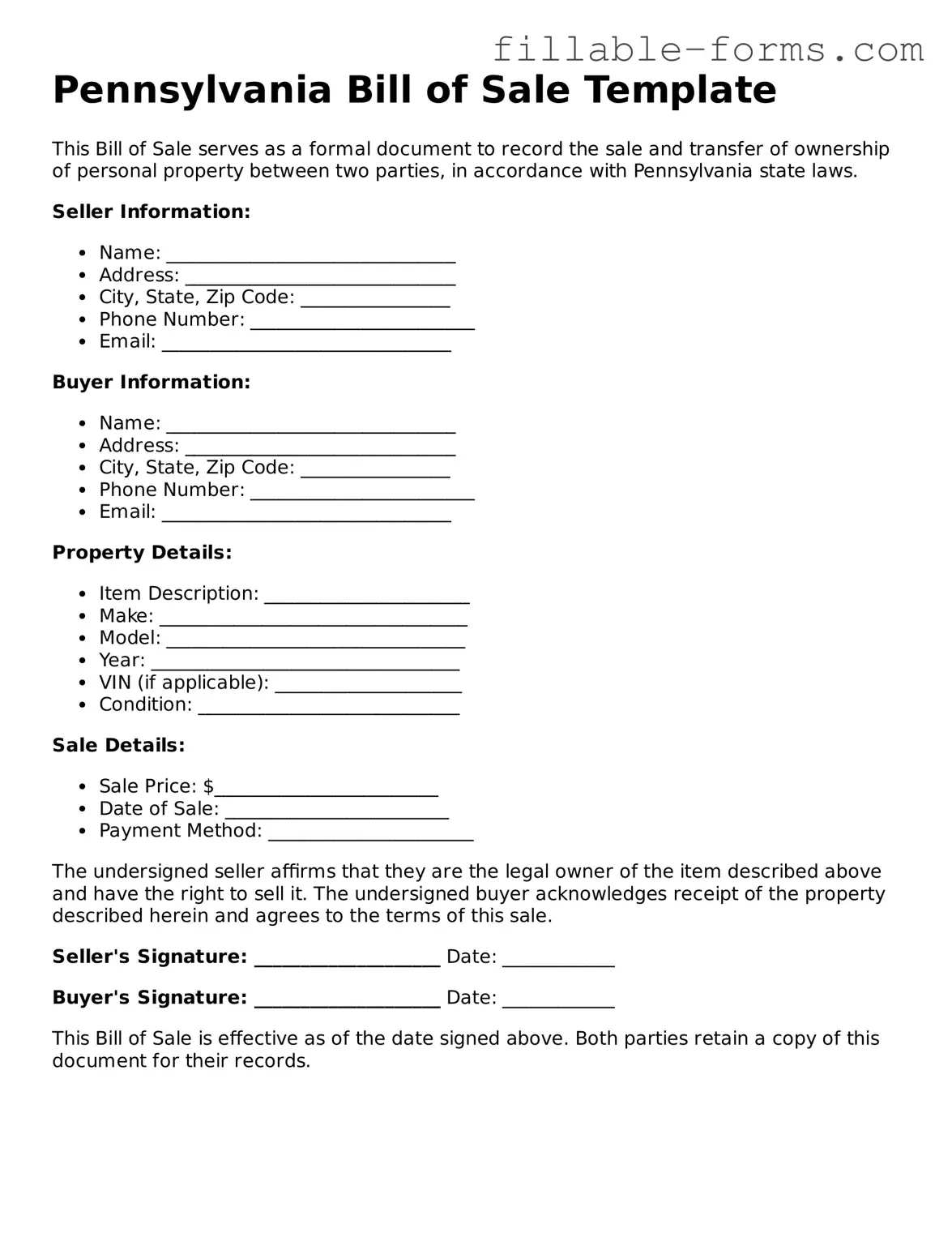 Printable  Bill of Sale Form for Pennsylvania