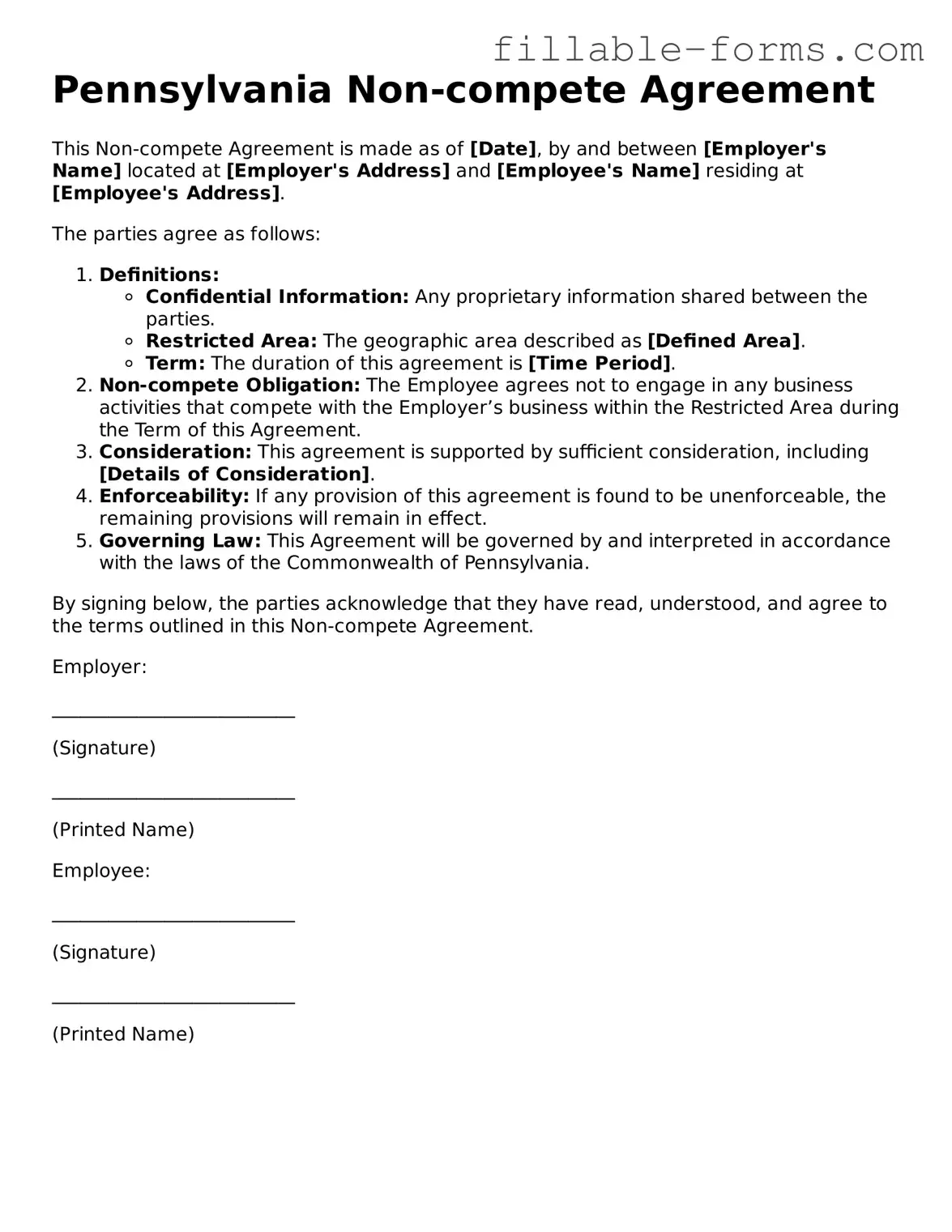 Printable  Non-compete Agreement Form for Pennsylvania