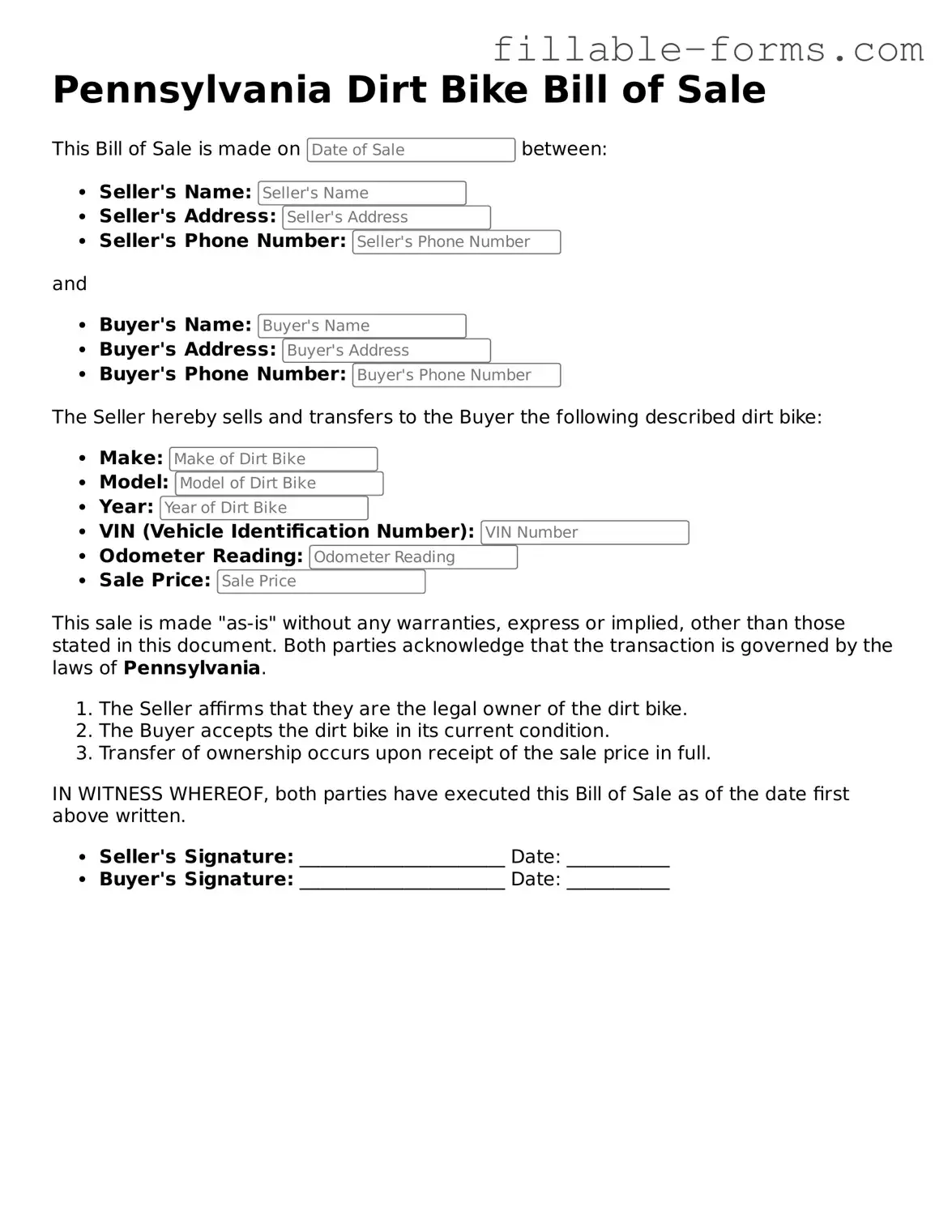 Printable  Dirt Bike Bill of Sale Form for Pennsylvania