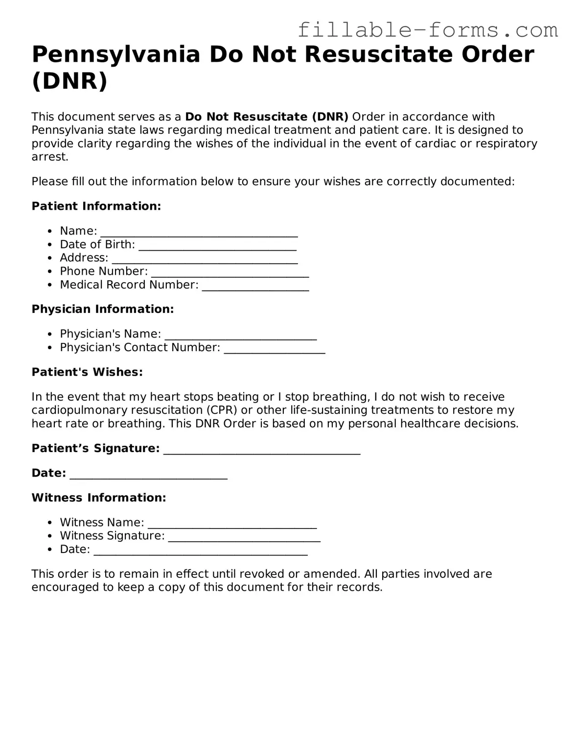 Printable  Do Not Resuscitate Order Form for Pennsylvania