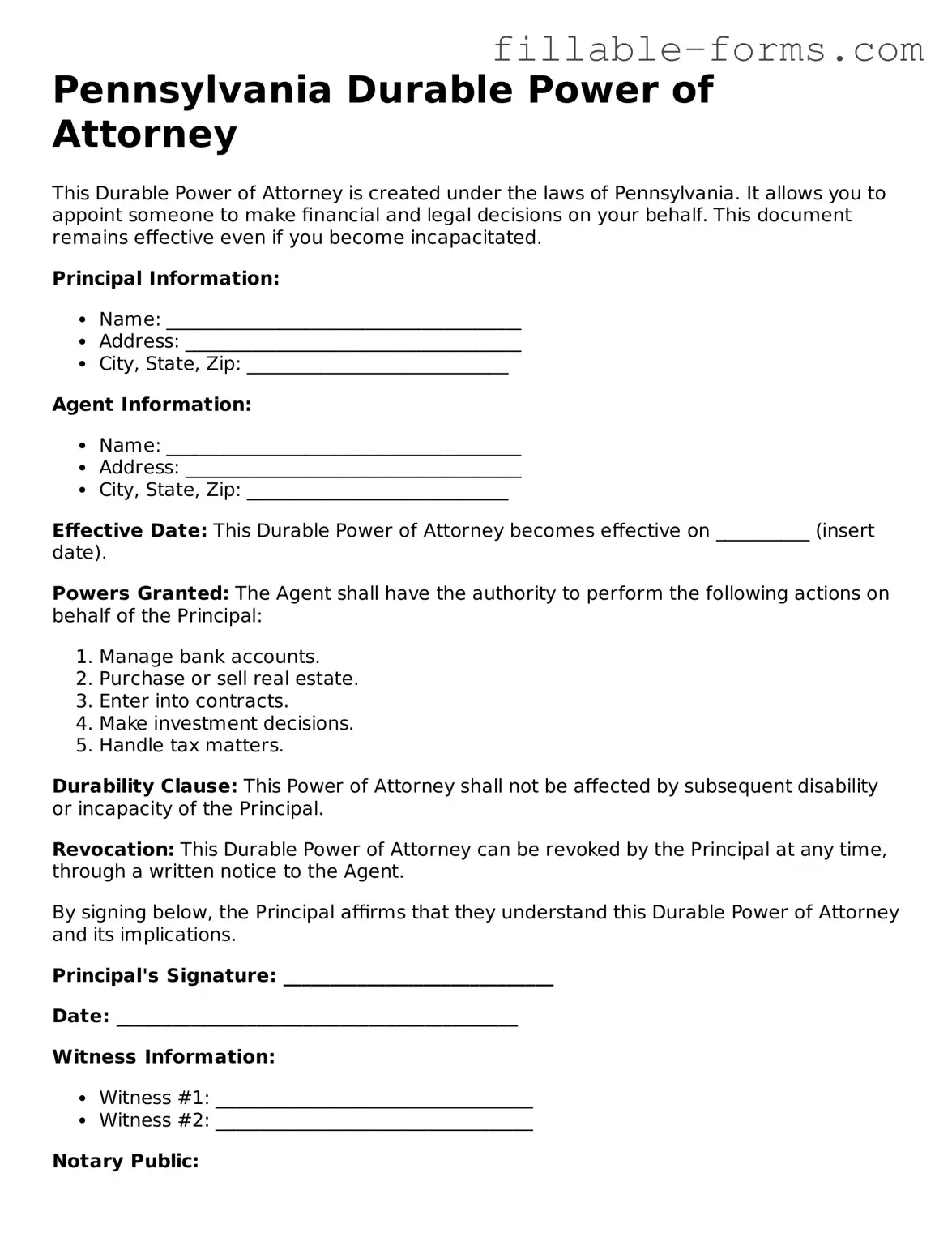 Printable  Durable Power of Attorney Form for Pennsylvania