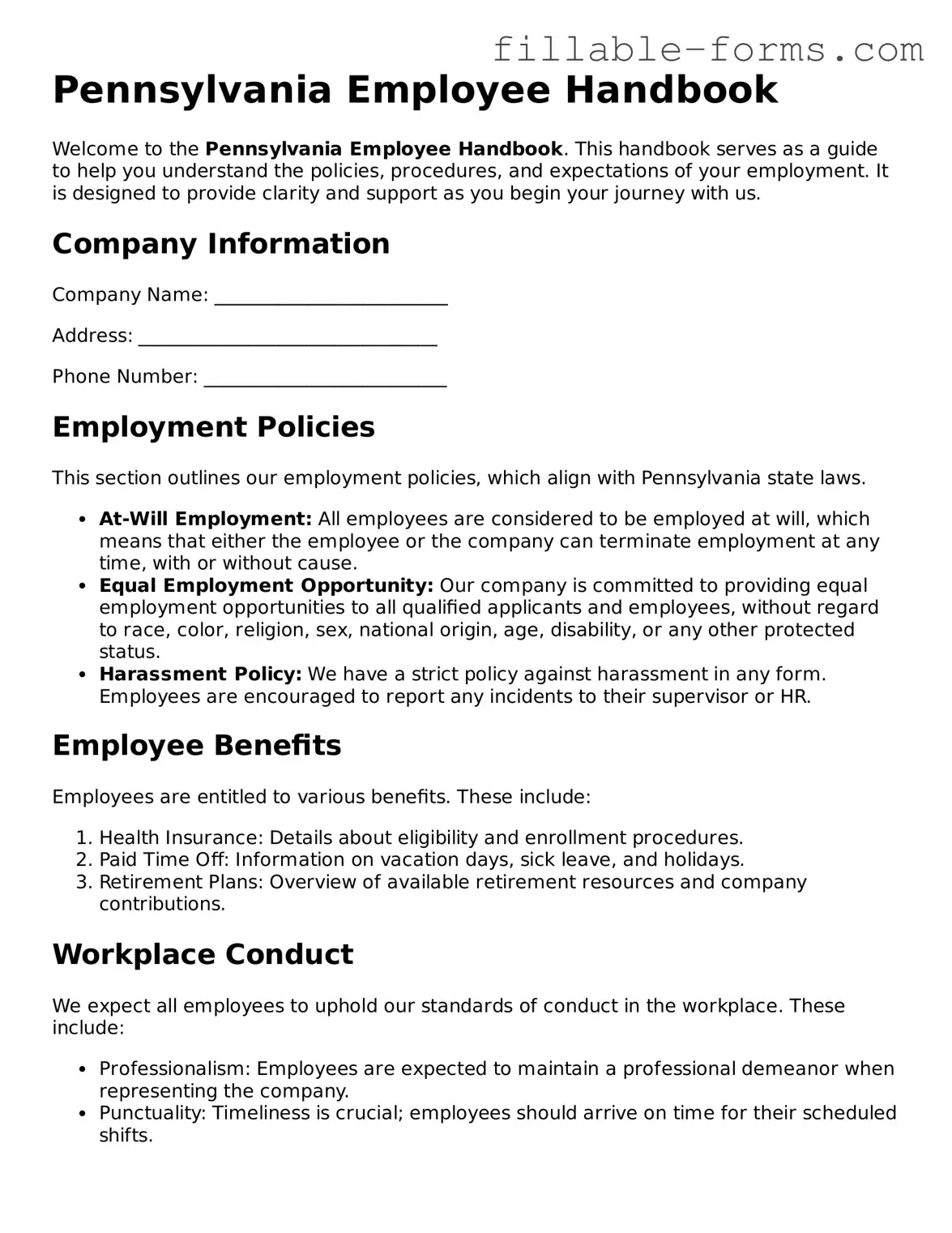 Printable  Employee Handbook Form for Pennsylvania