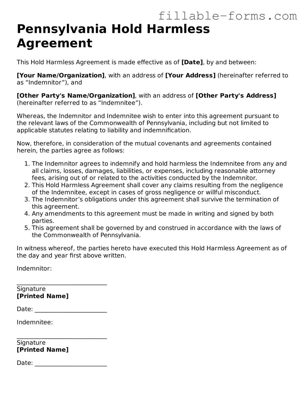 Printable  Hold Harmless Agreement Form for Pennsylvania