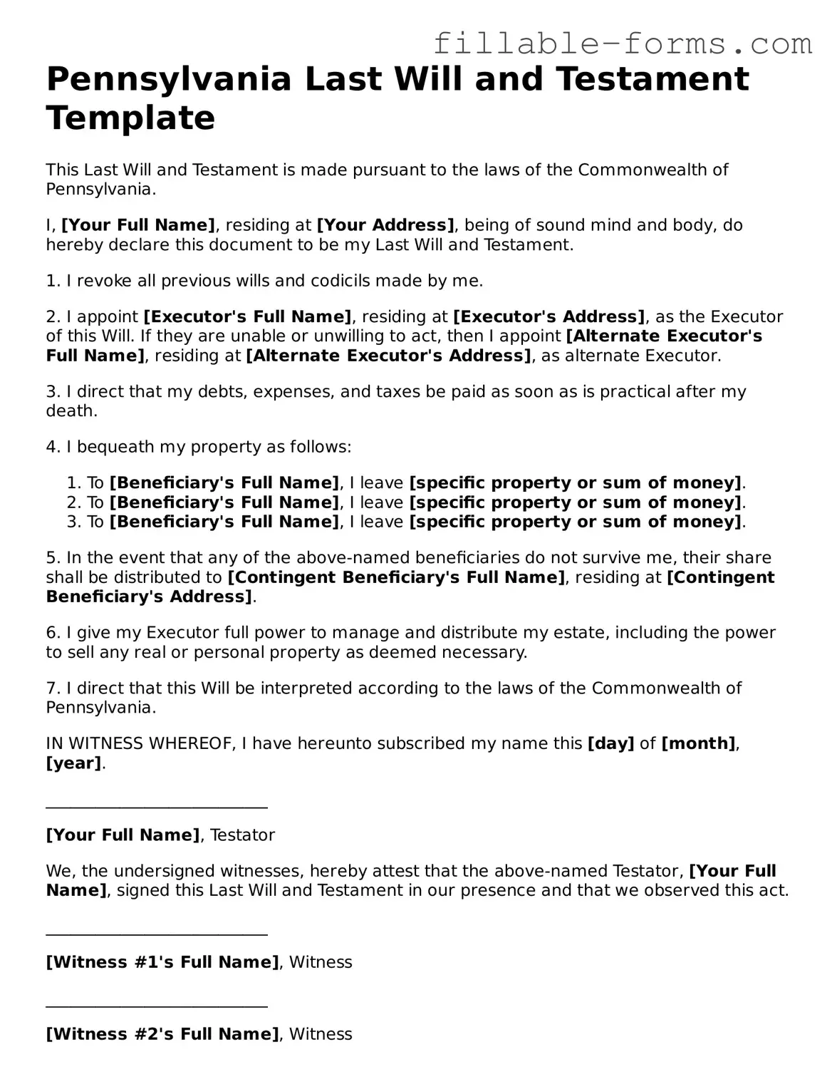 Printable  Last Will and Testament Form for Pennsylvania