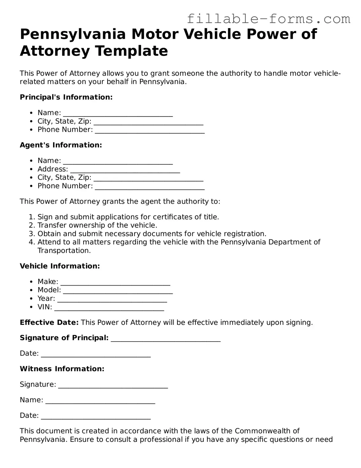 Printable  Motor Vehicle Power of Attorney Form for Pennsylvania