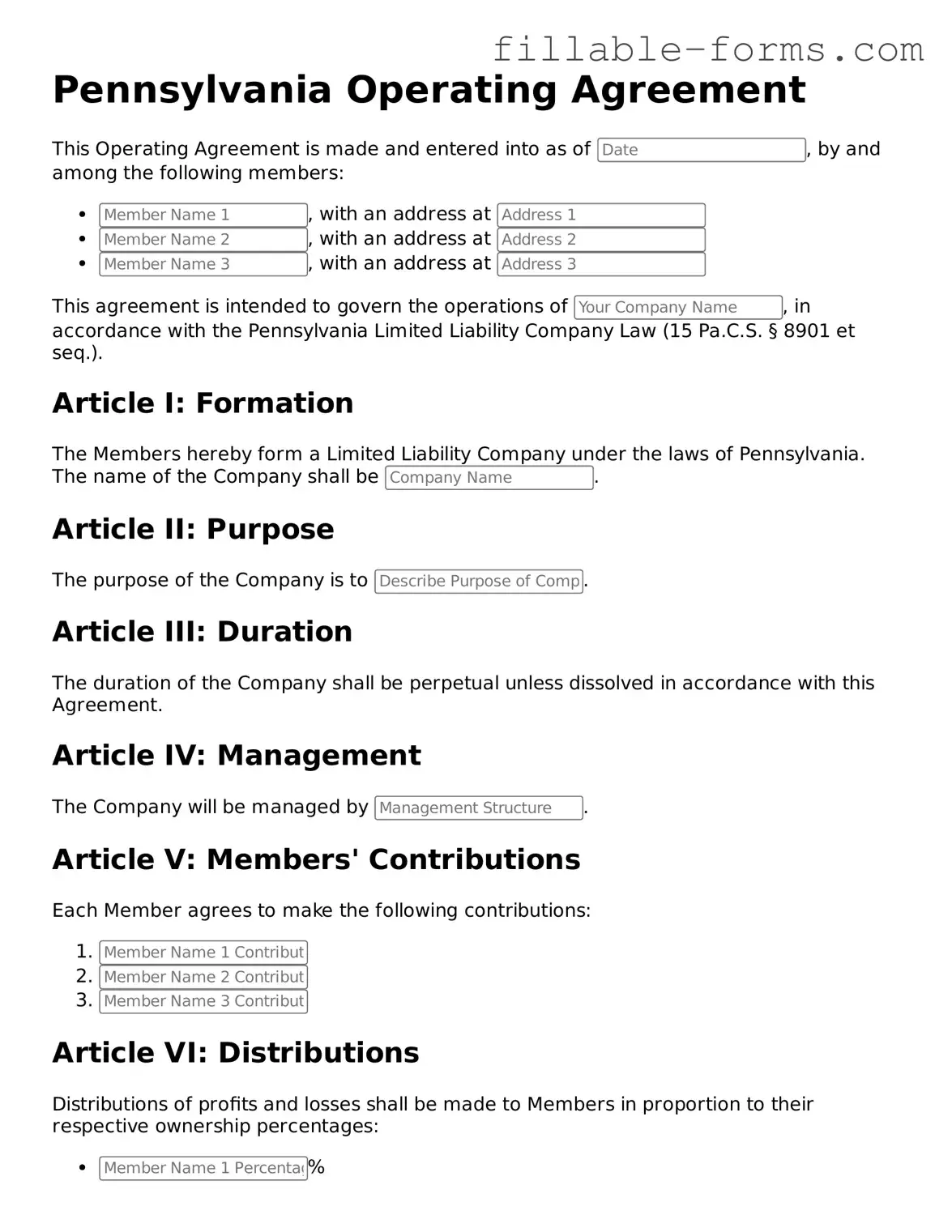 Printable  Operating Agreement Form for Pennsylvania