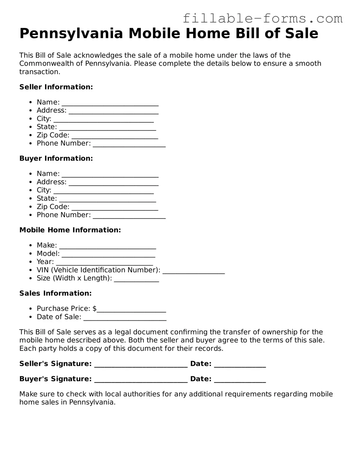 Printable  Mobile Home Bill of Sale Form for Pennsylvania