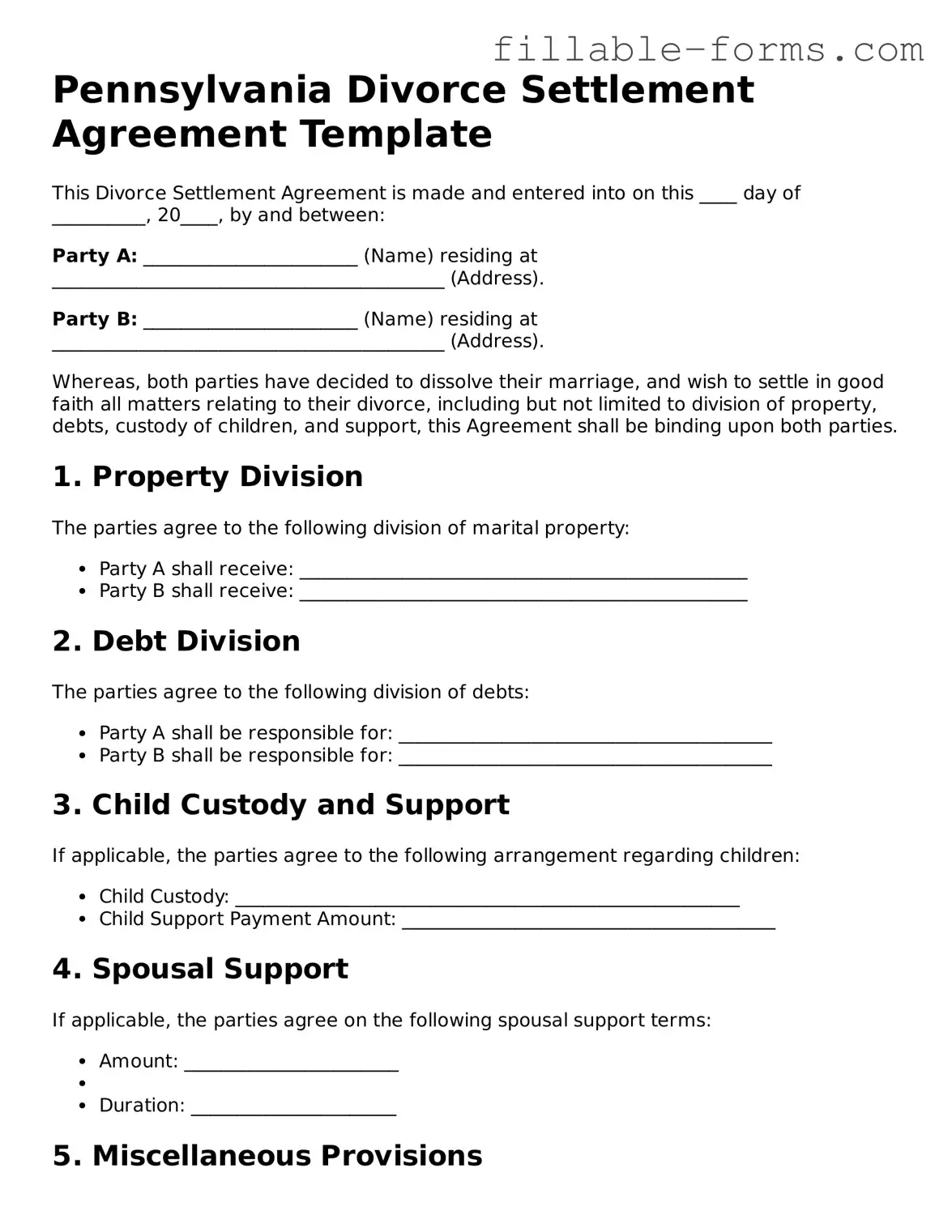 Printable  Divorce Settlement Agreement Form for Pennsylvania