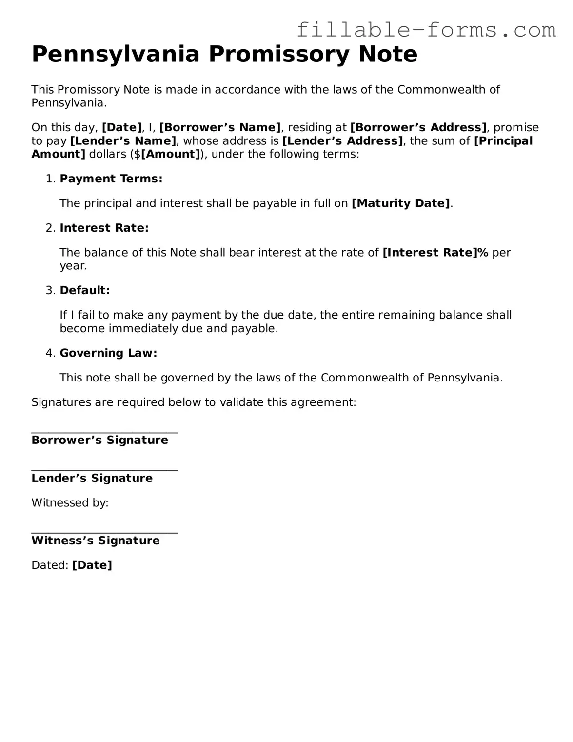 Printable  Promissory Note Form for Pennsylvania