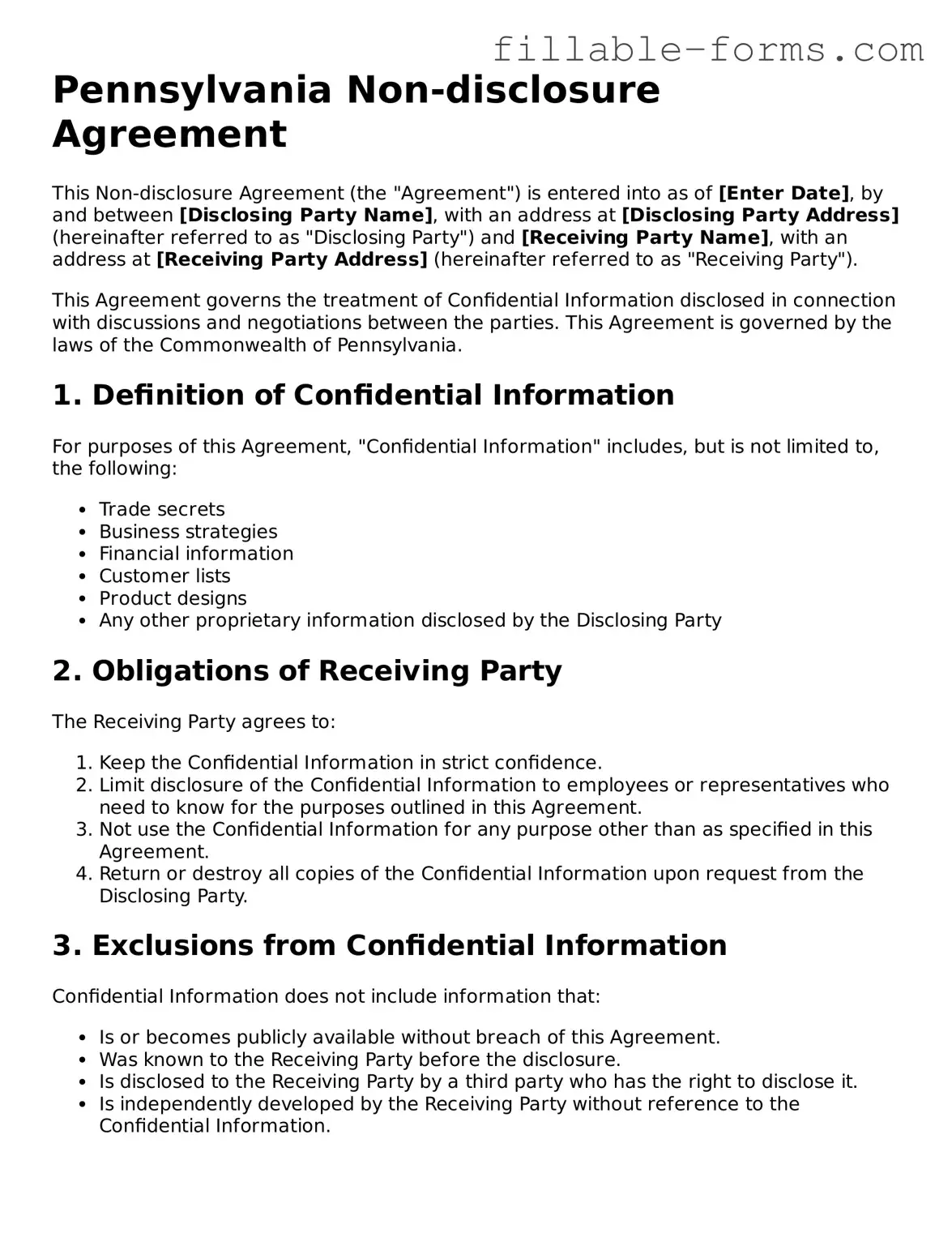 Printable  Non-disclosure Agreement Form for Pennsylvania