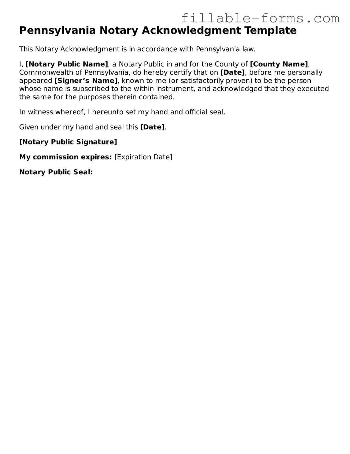 Printable  Notary Acknowledgement Form for Pennsylvania
