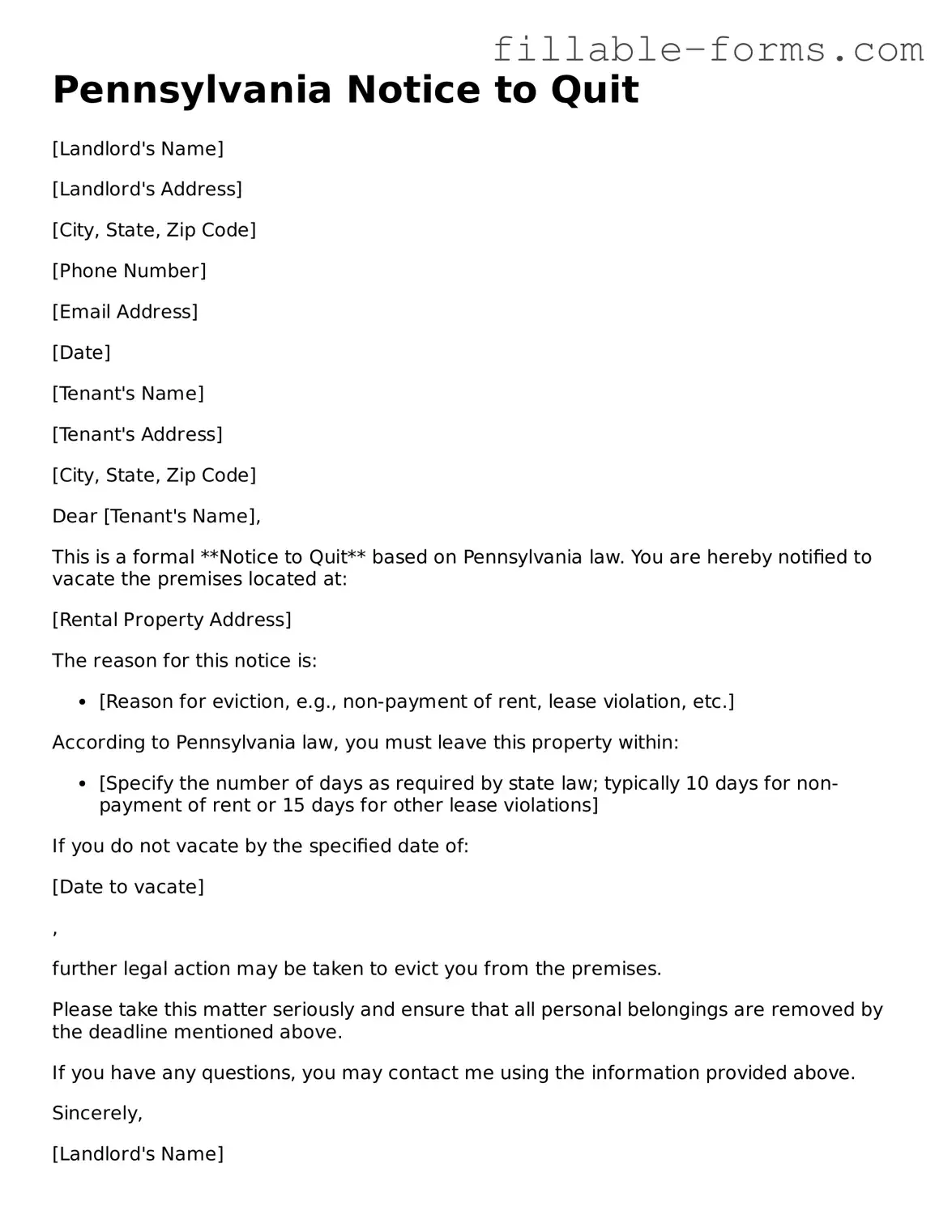Printable  Notice to Quit Form for Pennsylvania