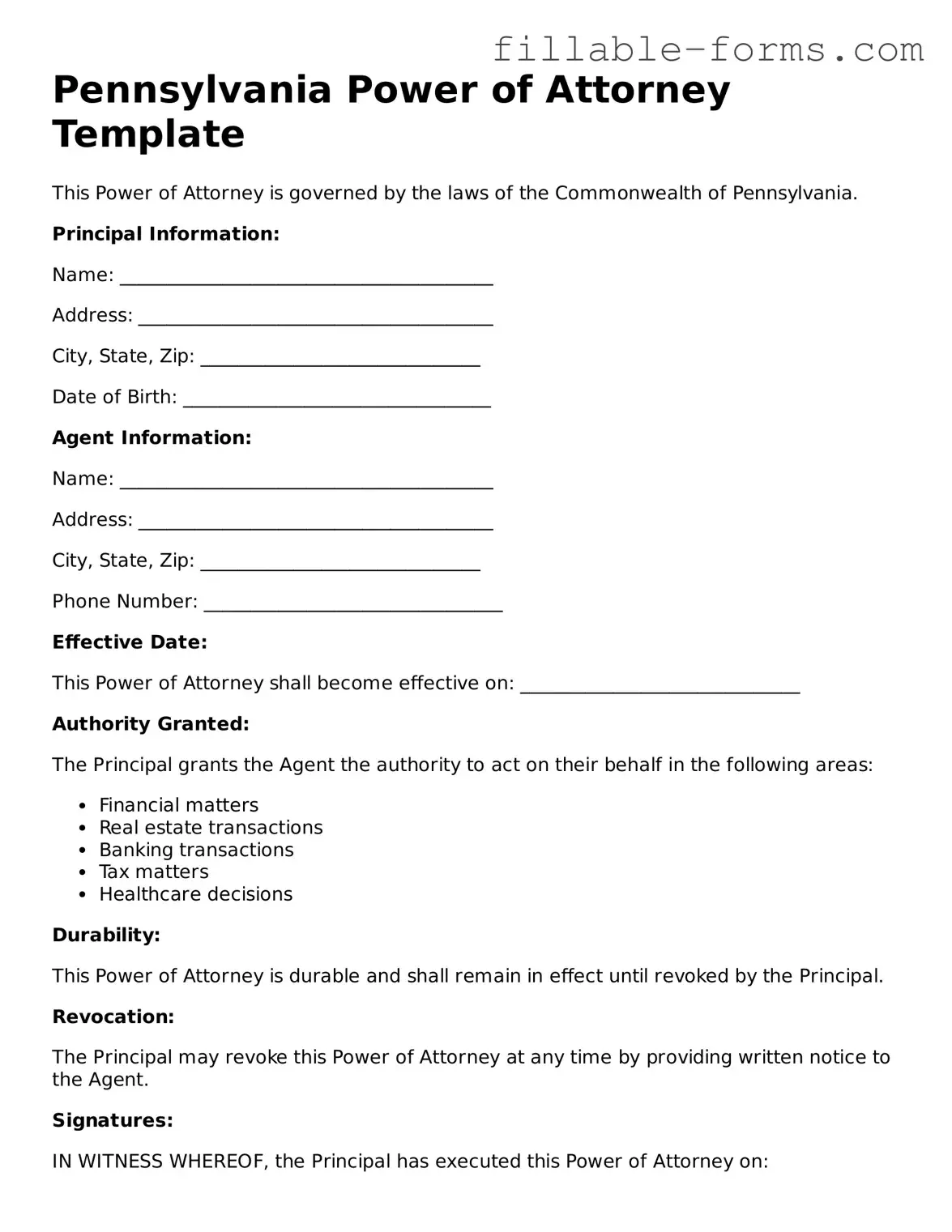 Printable  Power of Attorney Form for Pennsylvania